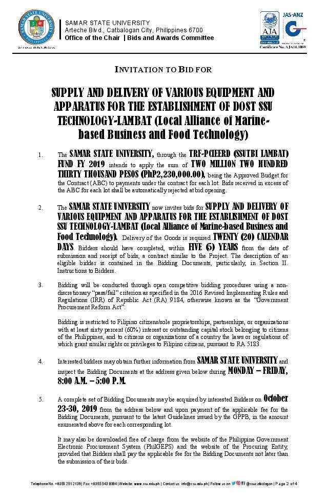 SUPPLY AND DELIVERY OF VARIOUS EQUIPMENT AND APPARATUS FOR THE ESTABLISHMENT OF DOST SSU TECHNOLOGY-LAMBAT (Local Alliance of Marine- based Business and Food Technology)